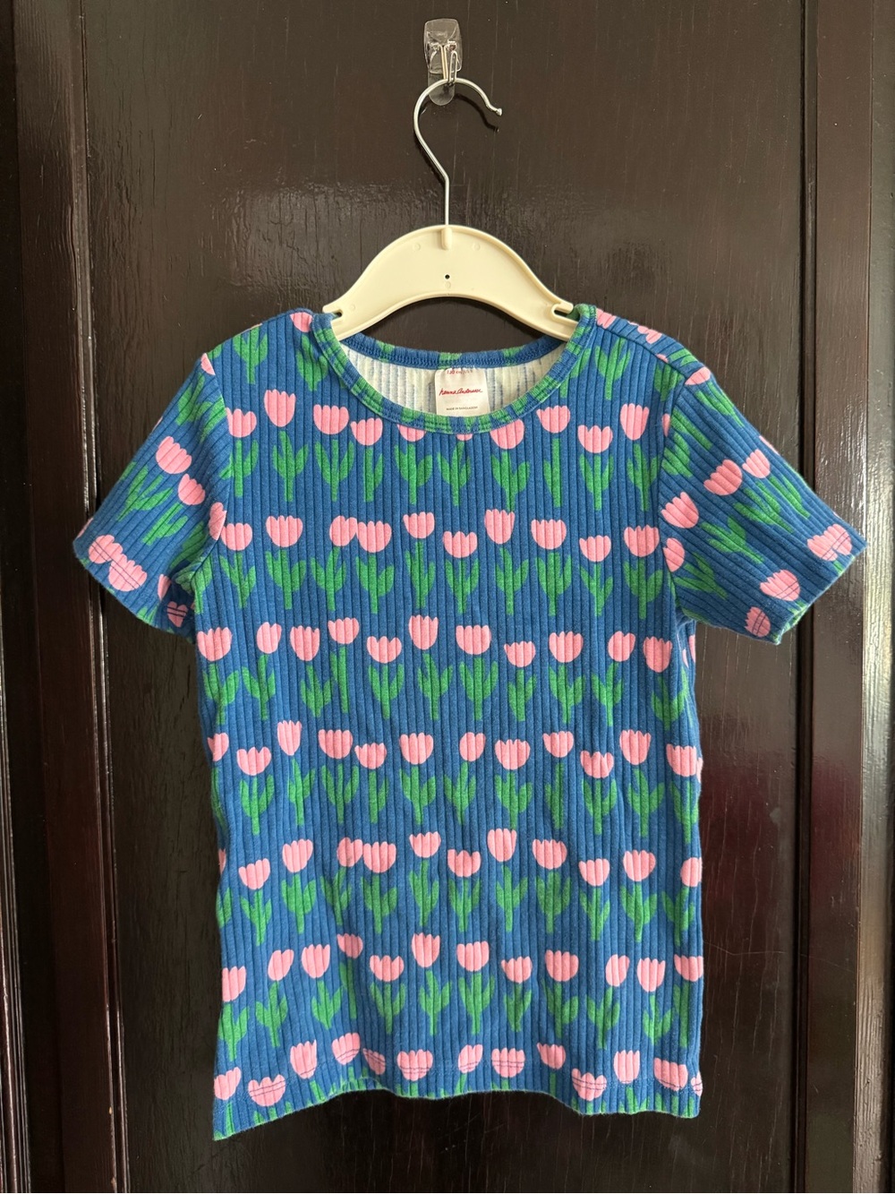 Blue Kids Short Sleeve Tee with Pink Tulip Print